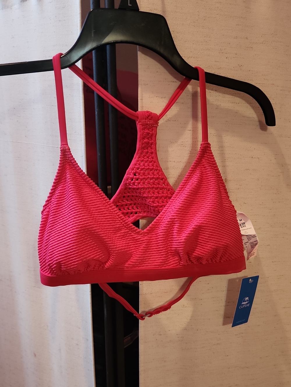 Cupshe Pink Ribbed Crochet Racerback Bikini Top